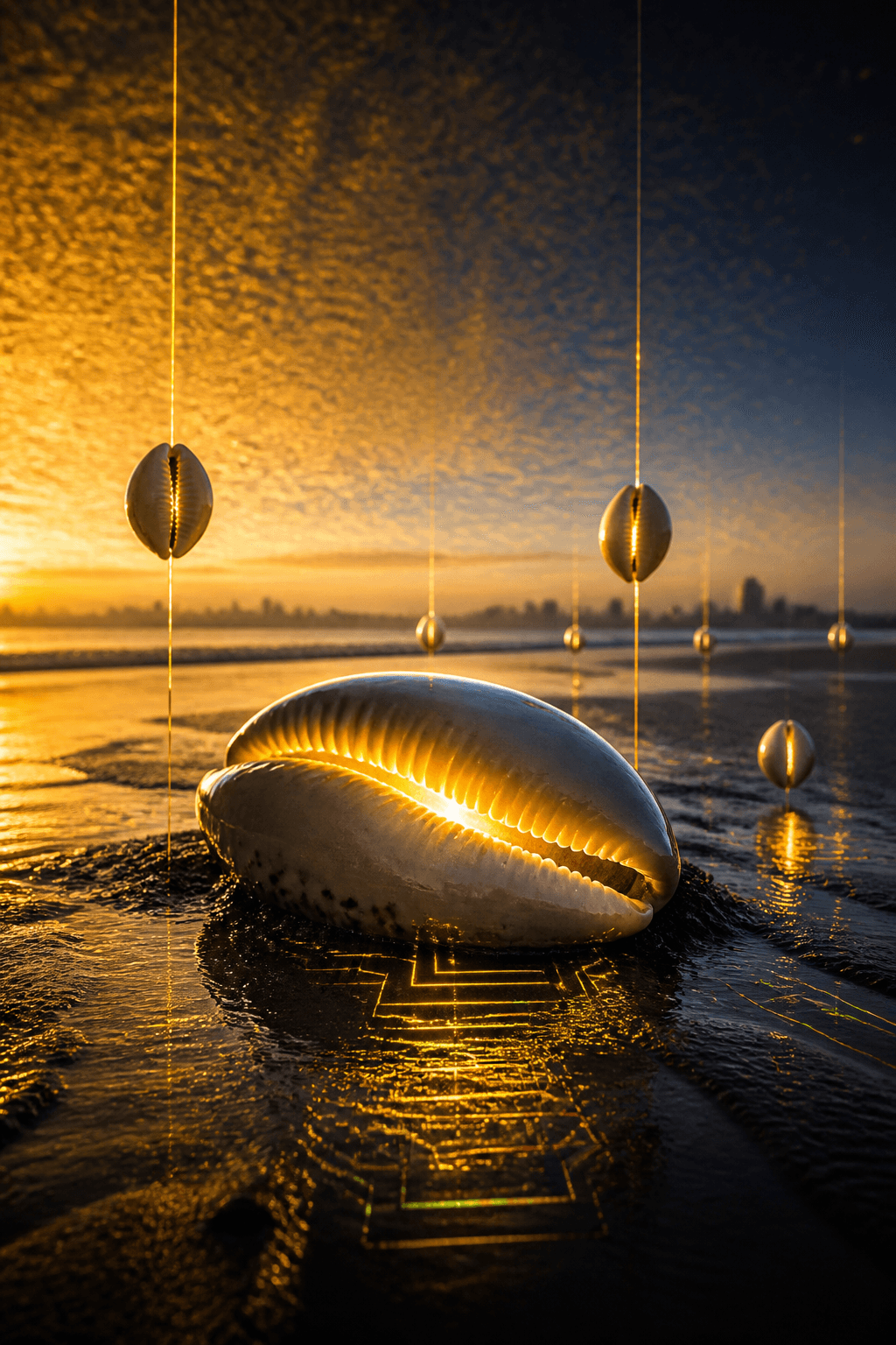 A gold cowrie resting on wet sand at sunset, an adinkra pattern glowing beneath it and the Accra skyline behind.